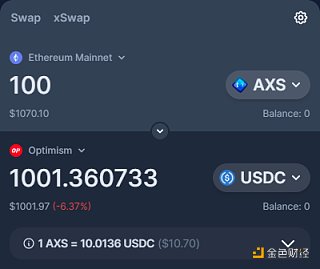 图为使用以太坊上 AXS 代币兑换 Optimism 上 USDC