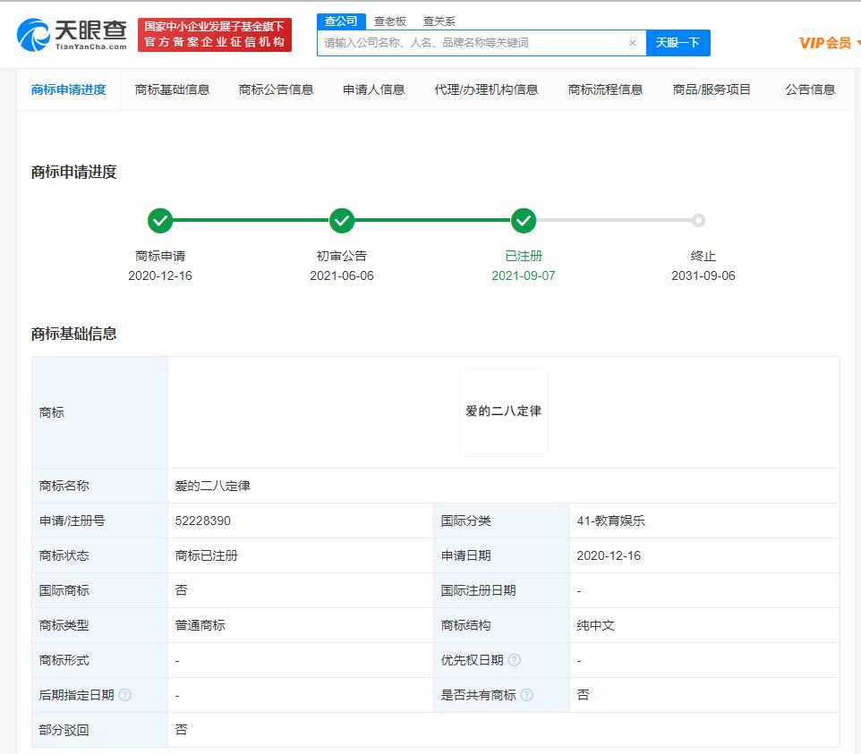 出品方已申请爱的二八定律商标