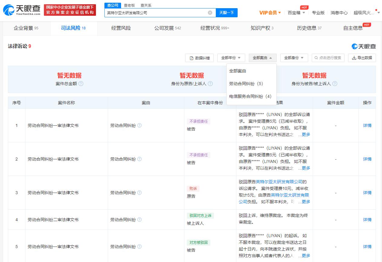 英特尔中国涉多个劳动纠纷