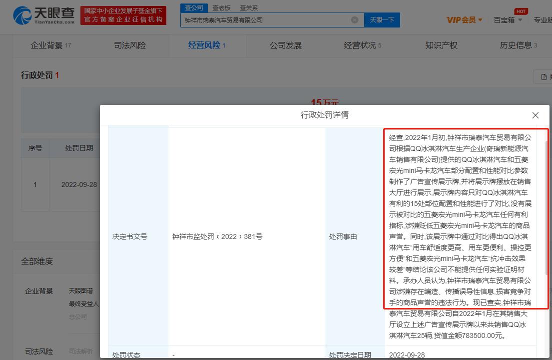商家销售奇瑞QQ拉踩五菱宏光被罚15万