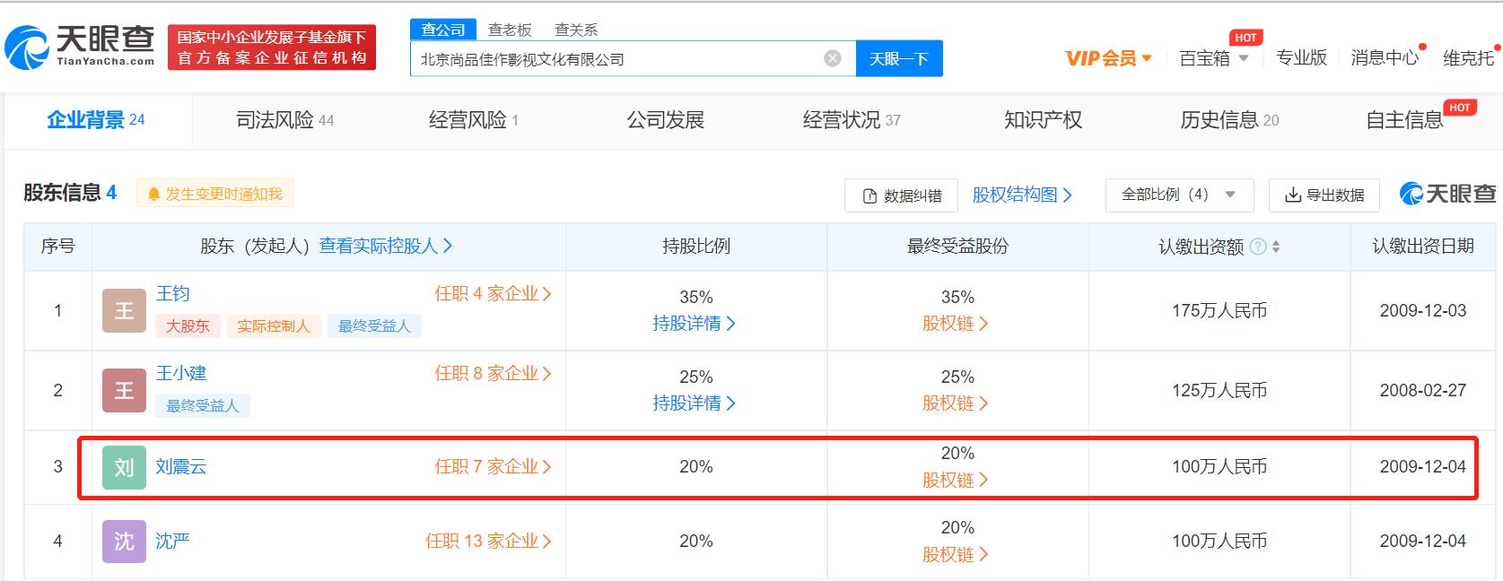 刘震云持股影视公司经营异常