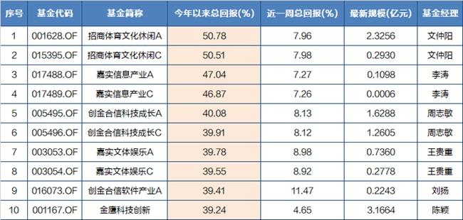 普通股票基金今年以来回报TOP10 