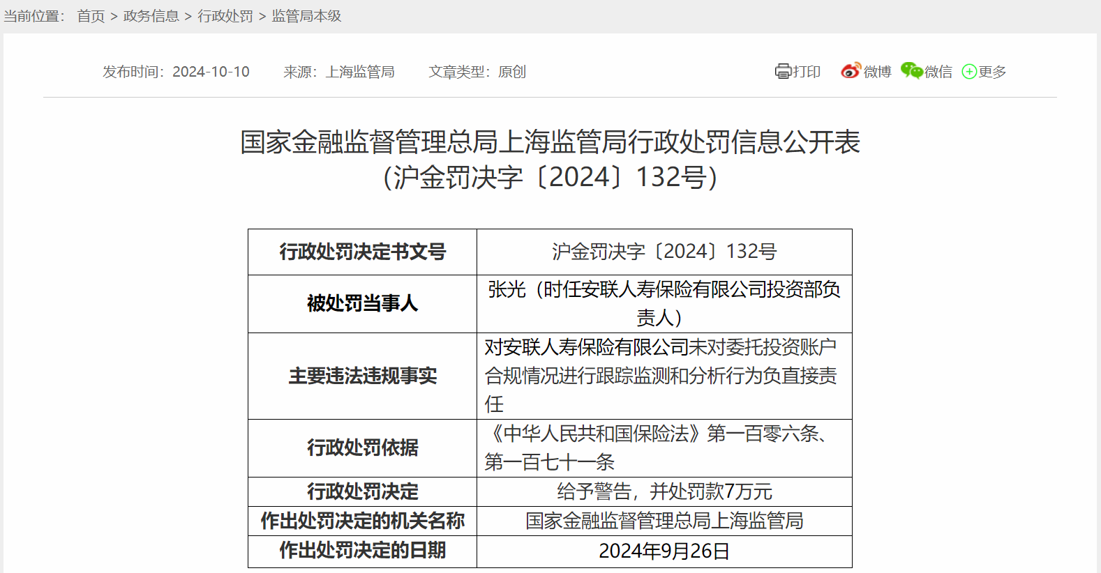 安联人寿因投资管理不当遭罚30万元 投资部负责人被罚7万元